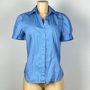 Ann Taylor Shirt Womens 10 Short Puff Sleeve Blue Cotton Stretch Girly Prep